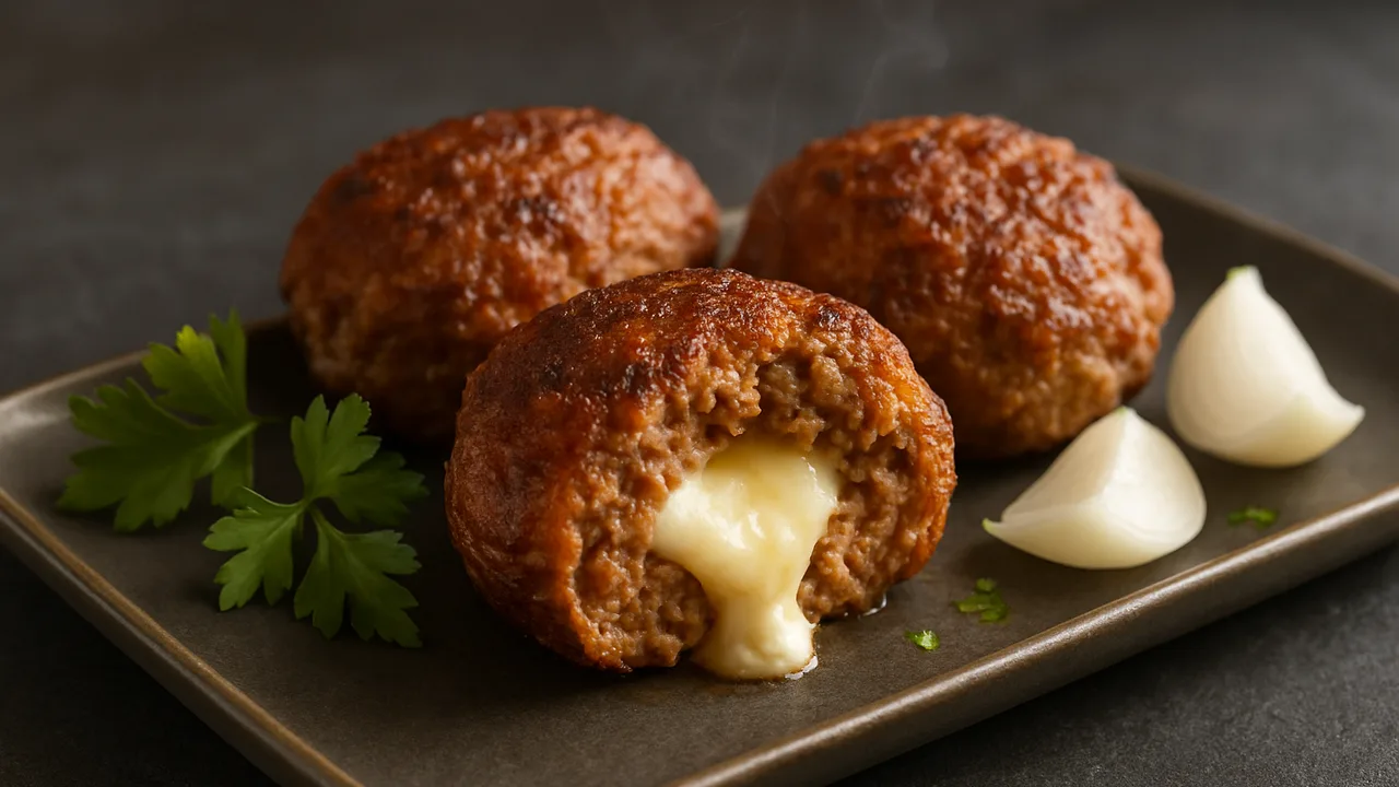 Frikadellen mit Mozzarella-Füllung aus dem Airfryer mit gemischtes Hackfleisch und Mozzarella, auf dunklem Schiefer …