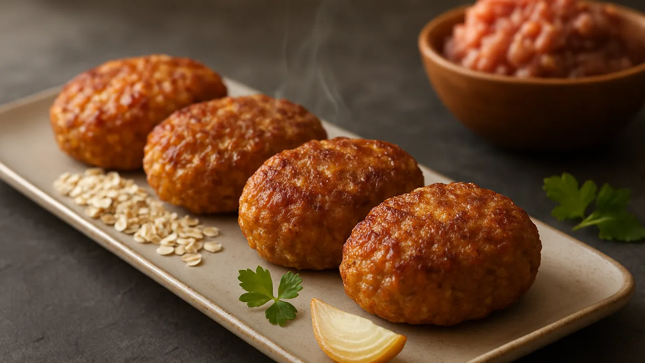 Frikadellen ohne Ei mit Haferflocken aus dem Airfryer mit Hackfleisch gemischt und Haferflocken, auf dunklem Schiefer …