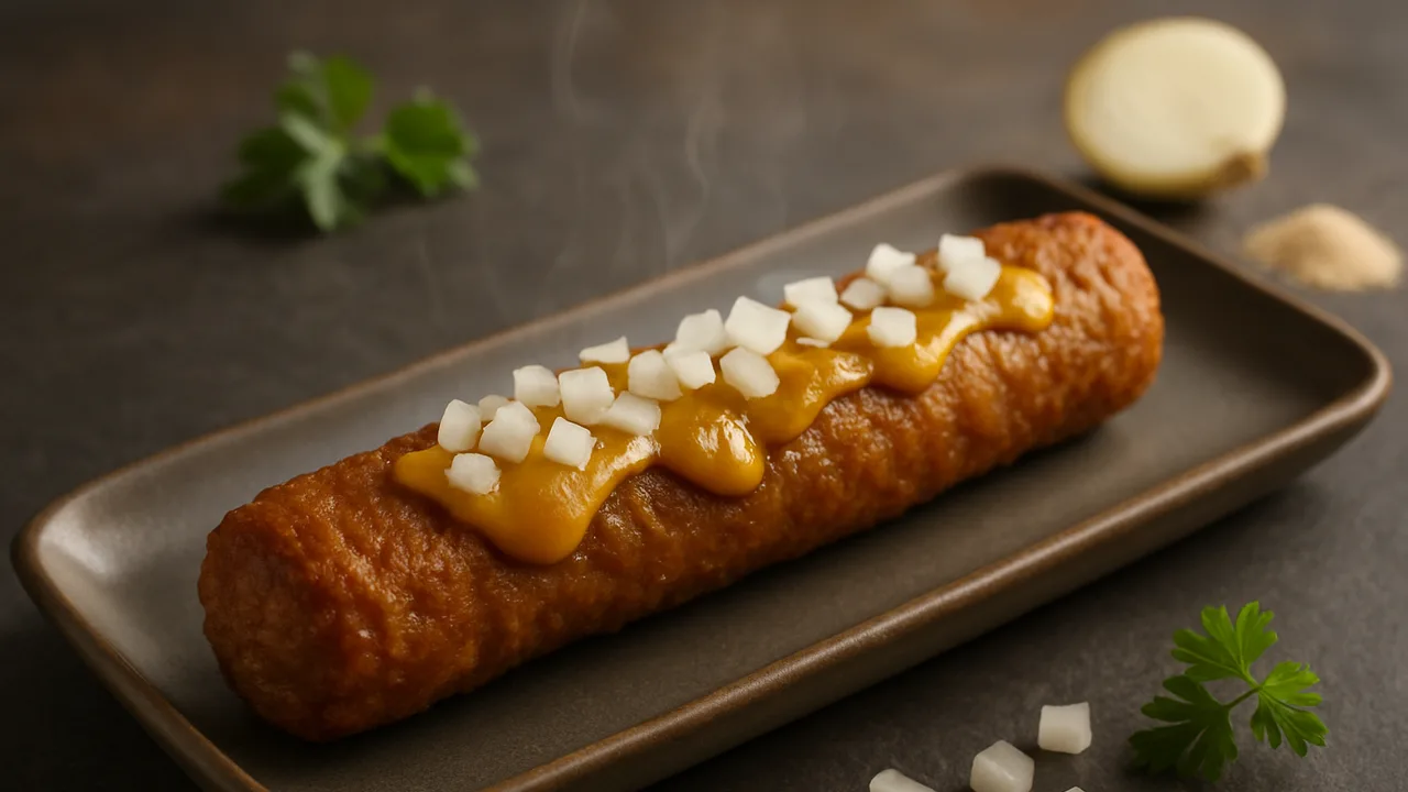 Frikandel selbstgemacht mit Zwiebeln und Currysauce aus dem Airfryer mit gemischtes Hackfleisch und Zwiebel, auf dunklem …