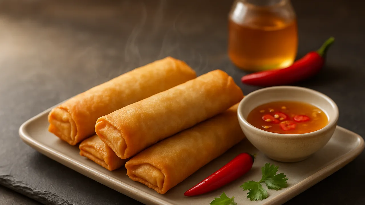 Frühlingsrollen mit Chili-Honig-Dip aus dem Airfryer mit TK-Frühlingsrollen und Honig, auf dunklem Schiefer angerichtet.