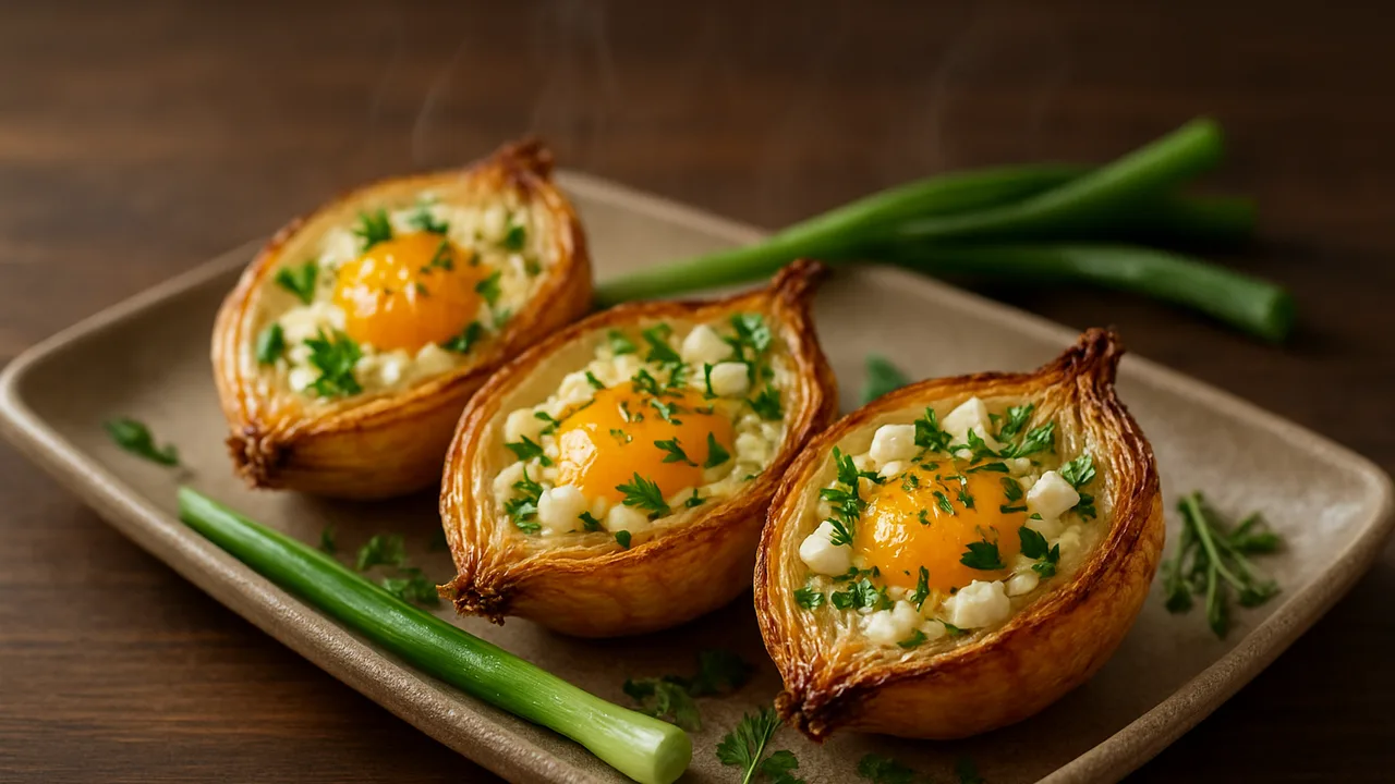 Frühlingszwiebel gefüllt mit Ei und Kräutern aus dem Airfryer mit Frühlingszwiebeln und Eier, auf dunklem Walnussholz …