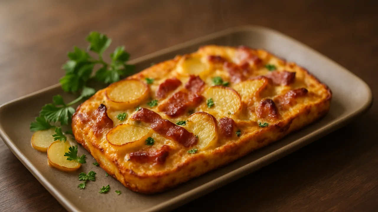 Frühstücks-Frittata mit Kartoffeln und Speck aus dem Airfryer mit Kartoffeln und Speck, auf dunklem Walnussholz angerichtet.