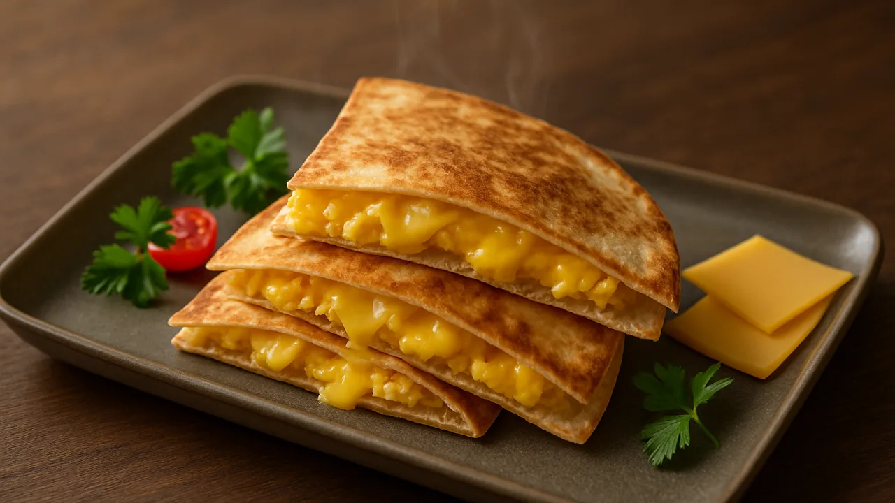 Frühstücks-Quesadilla mit Ei und Käse aus dem Airfryer mit Weizentortillas und Eier, auf dunklem Walnussholz angerichtet.
