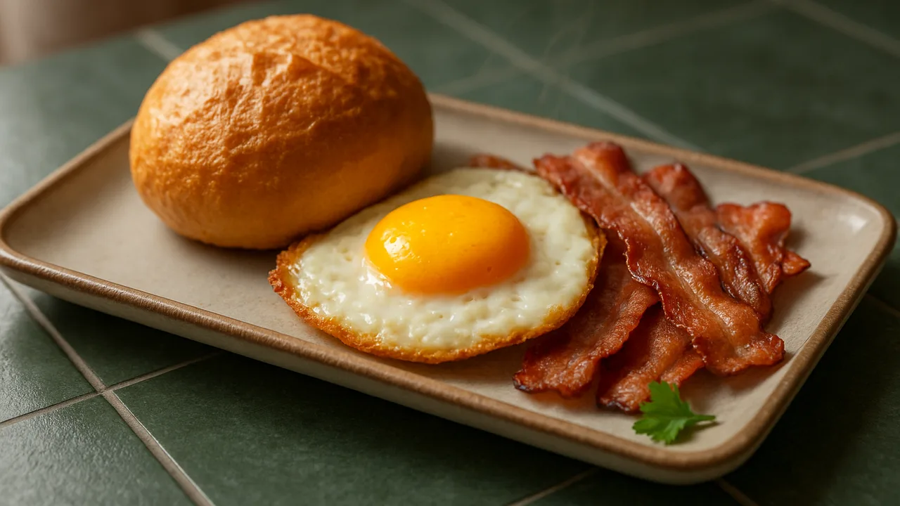 Frühstücksteller mit Brötchen, Ei und Speck aus dem Airfryer mit Brötchen und Eier, auf dunkelgrünen Fliesen angerichtet.