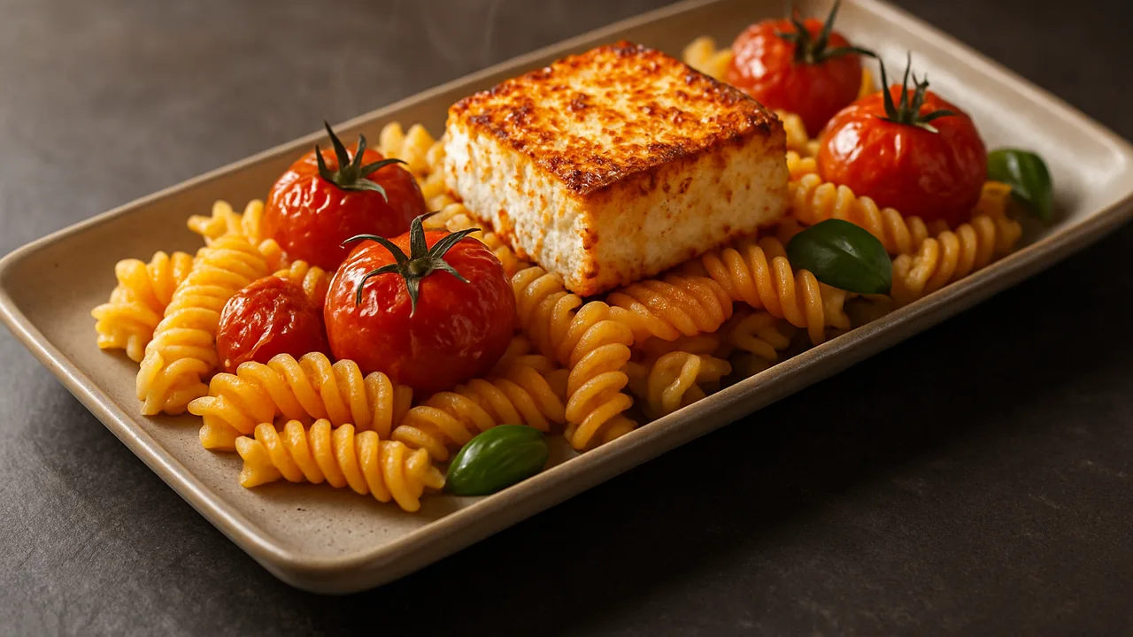 Fusilli mit gebackenen Tomaten und Feta aus dem Airfryer mit Fusilli und Kirschtomaten, auf dunklem Schiefer angerichtet.