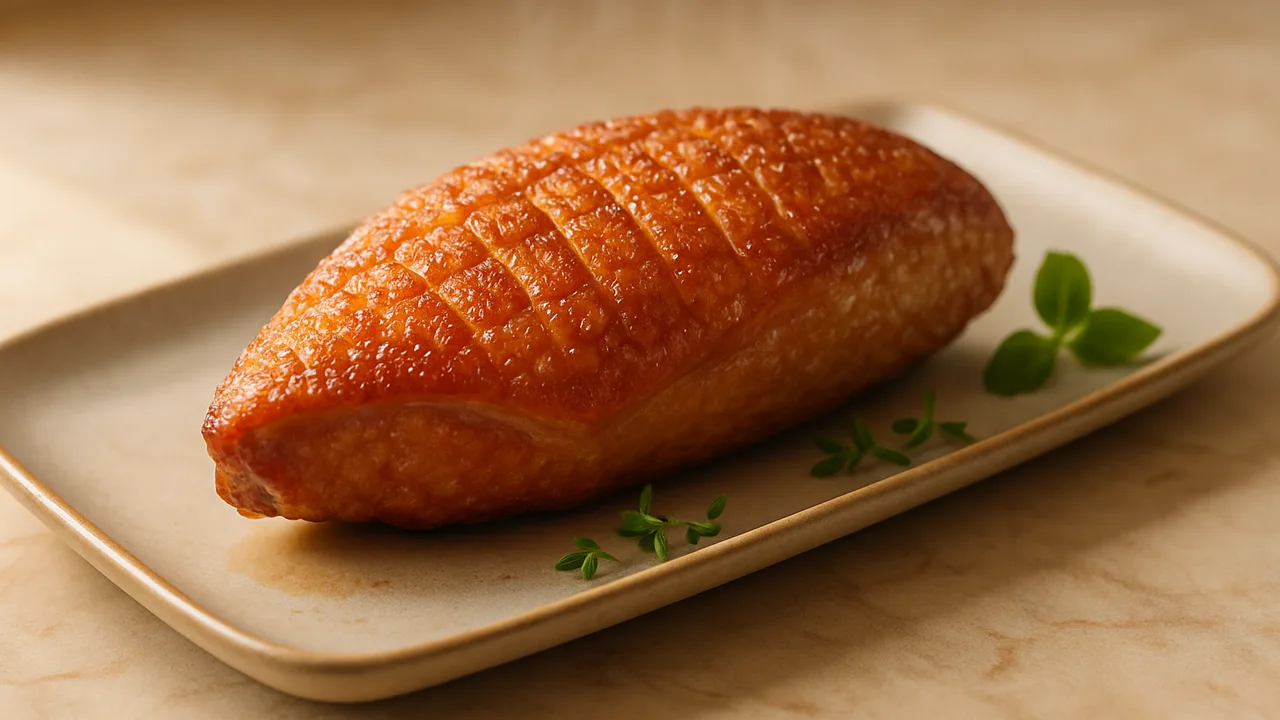 Gänsebrust im Airfryer mit knuspriger Haut mit Gänsebrust, auf beigem Marmor angerichtet.