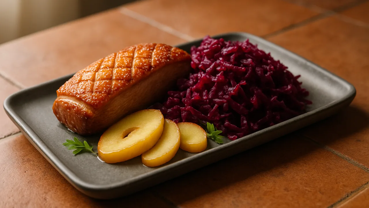 Gänsebrust mit Apfel-Rotkohl aus dem Airfryer mit Gänsebrust und Rotkohl, auf Terracotta-Fliesen angerichtet.