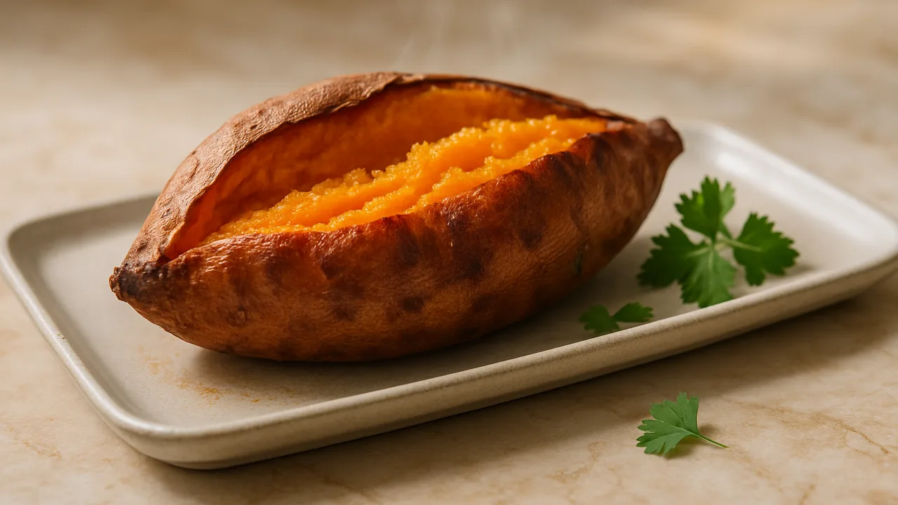 Ganze Süßkartoffel gebacken – weich und süß aus dem Airfryer mit Süßkartoffeln, auf beigem Marmor angerichtet.