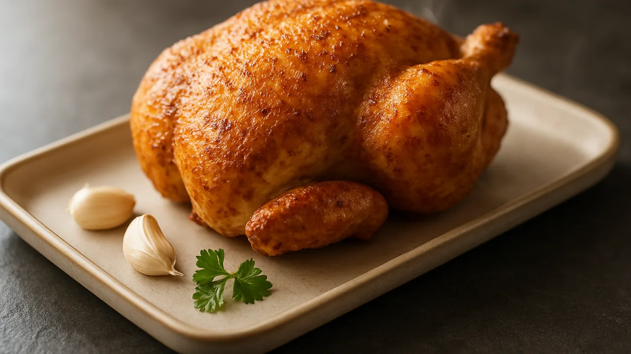Ganzes Hähnchen im Airfryer mit knuspriger Haut mit Ganzes Hähnchen und Knoblauchpulver, auf dunklem Schiefer angerichtet.