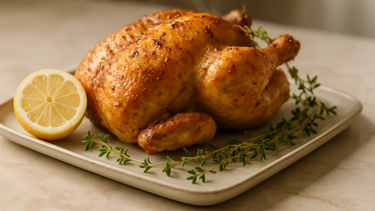 Ganzes Hähnchen mit Zitrone und Thymian aus dem Airfryer mit Ganzes Hähnchen und Zitrone, auf beigem Marmor angerichtet.