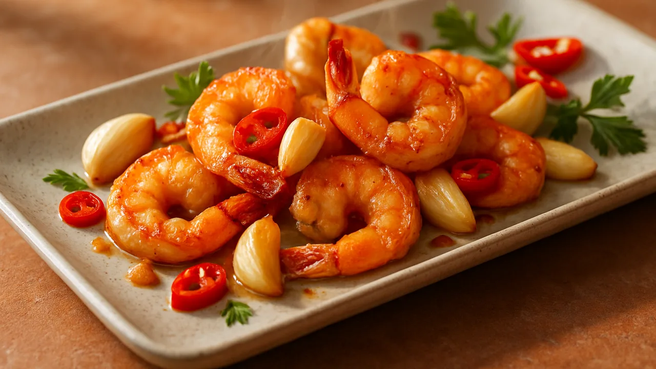 Garnelen mit Knoblauch und Chili aus dem Airfryer mit Garnelen und Knoblauchzehen, auf Terracotta-Fliesen angerichtet.