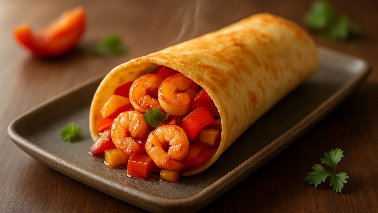 Garnelen-Paprika Wrap aus dem Airfryer mit Garnelen und Paprika, auf dunklem Walnussholz angerichtet.