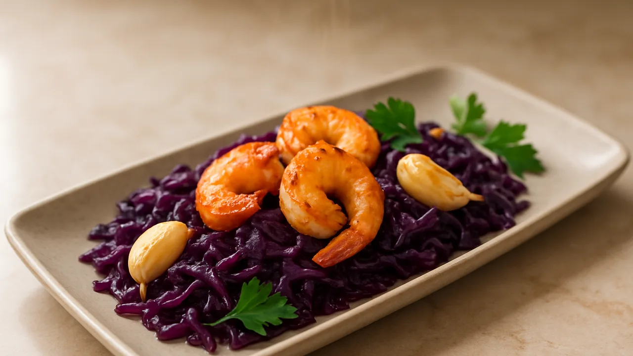 Garnelen-Rotkohl-Pfanne aus dem Airfryer mit Garnelen und Rotkohl, auf beigem Marmor angerichtet.