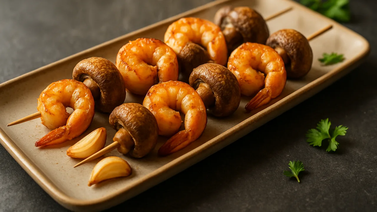 Garnelen-Spieße mit Champignons aus dem Airfryer mit Garnelen und Champignons, auf dunklem Schiefer angerichtet.