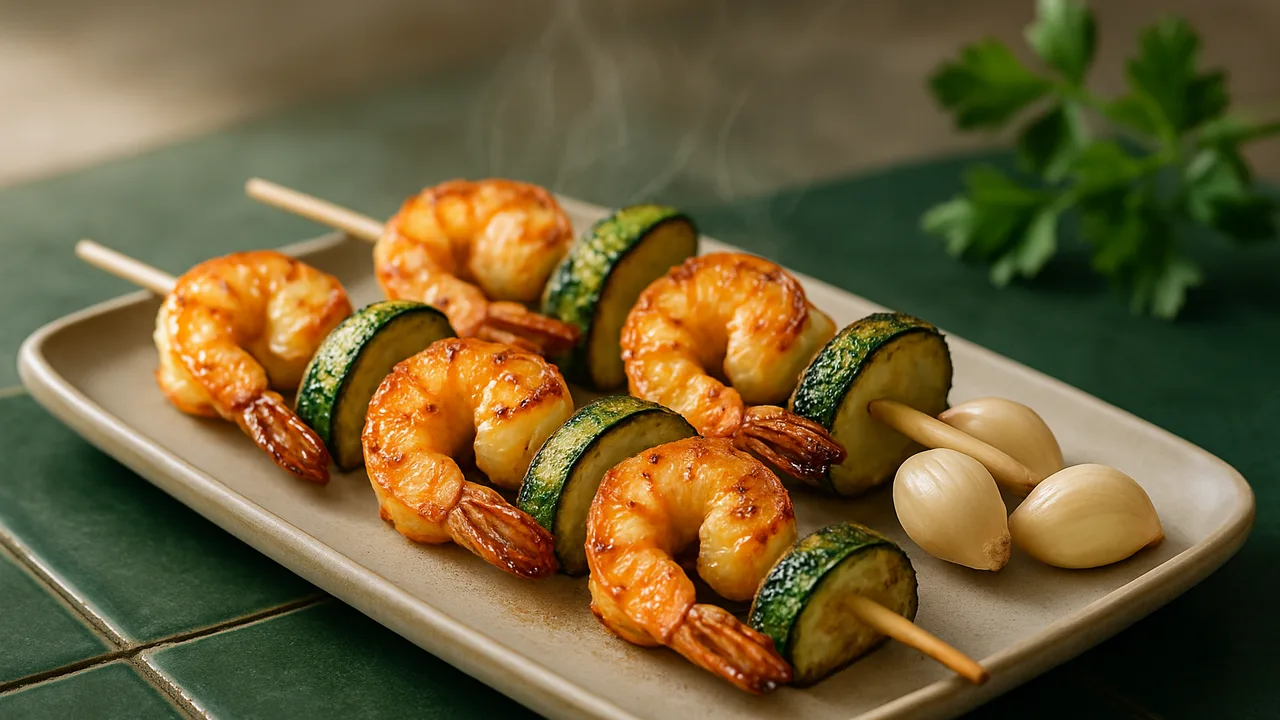 Garnelen-Spieße mit Zucchini aus dem Airfryer mit Garnelen und Zucchini, auf dunkelgrünen Fliesen angerichtet.