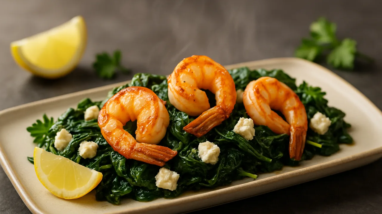 Griechische Garnelen-Spinat-Pfanne aus dem Airfryer mit Garnelen und Blattspinat, auf dunklem Schiefer angerichtet.