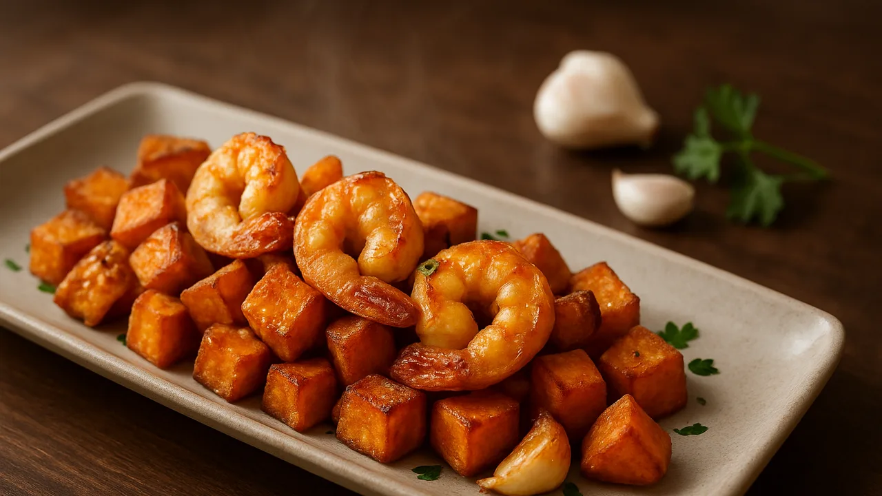 Garnelen-Süßkartoffel-Pfanne aus dem Airfryer mit Garnelen und Süßkartoffel, auf dunklem Walnussholz angerichtet.
