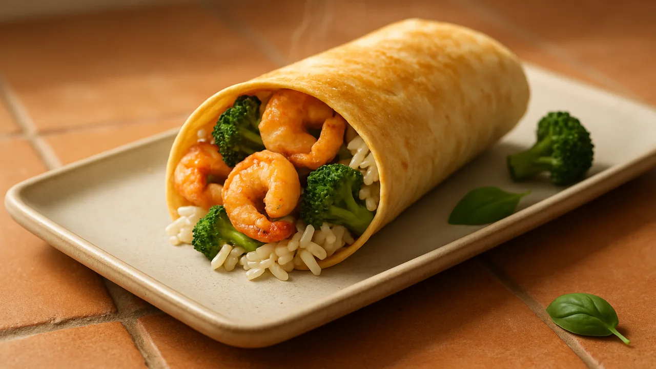 Garnelen Wrap mit Brokkoli und Reis aus dem Airfryer mit Garnelen und Brokkoli, auf Terracotta-Fliesen angerichtet.