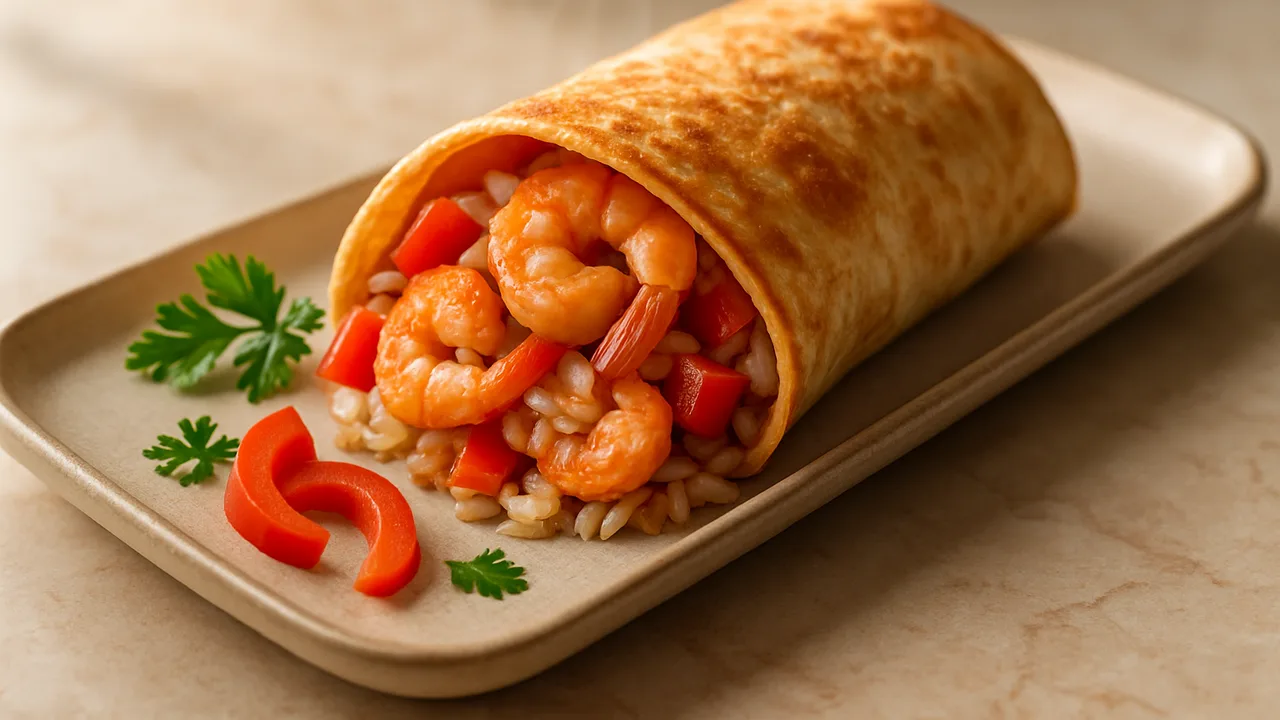 Garnelen Wrap mit Paprika und Reis aus dem Airfryer mit Garnelen und Paprika, auf beigem Marmor angerichtet.