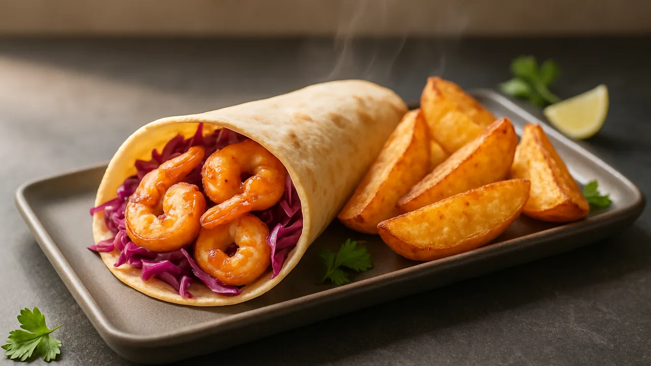 Garnelen-Wrap mit Rotkohl und Kartoffelspalten aus dem Airfryer mit Garnelen und Rotkohl, auf dunklem Schiefer angerichtet.