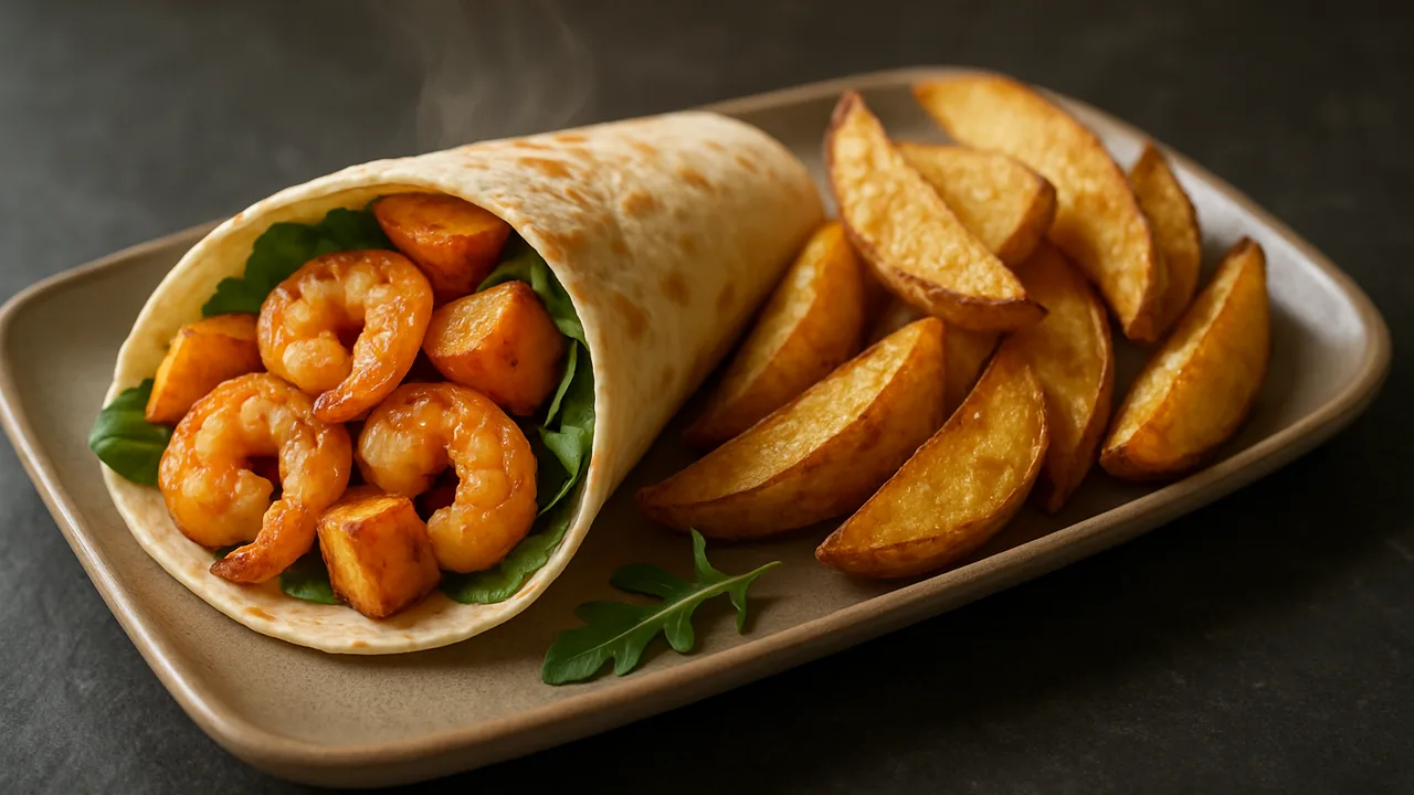 Garnelen Wrap mit Süßkartoffel und Kartoffelspalten aus dem Airfryer mit Garnelen und Süßkartoffel, auf dunklem Schiefer …