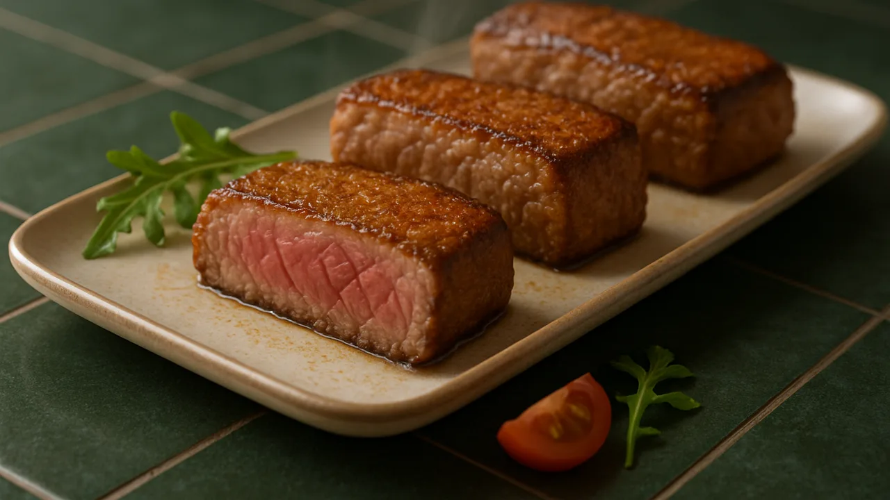 Garstufen-Guide: Steak rare, medium und well done aus dem Airfryer mit Rumpsteak, auf dunkelgrünen Fliesen angerichtet.