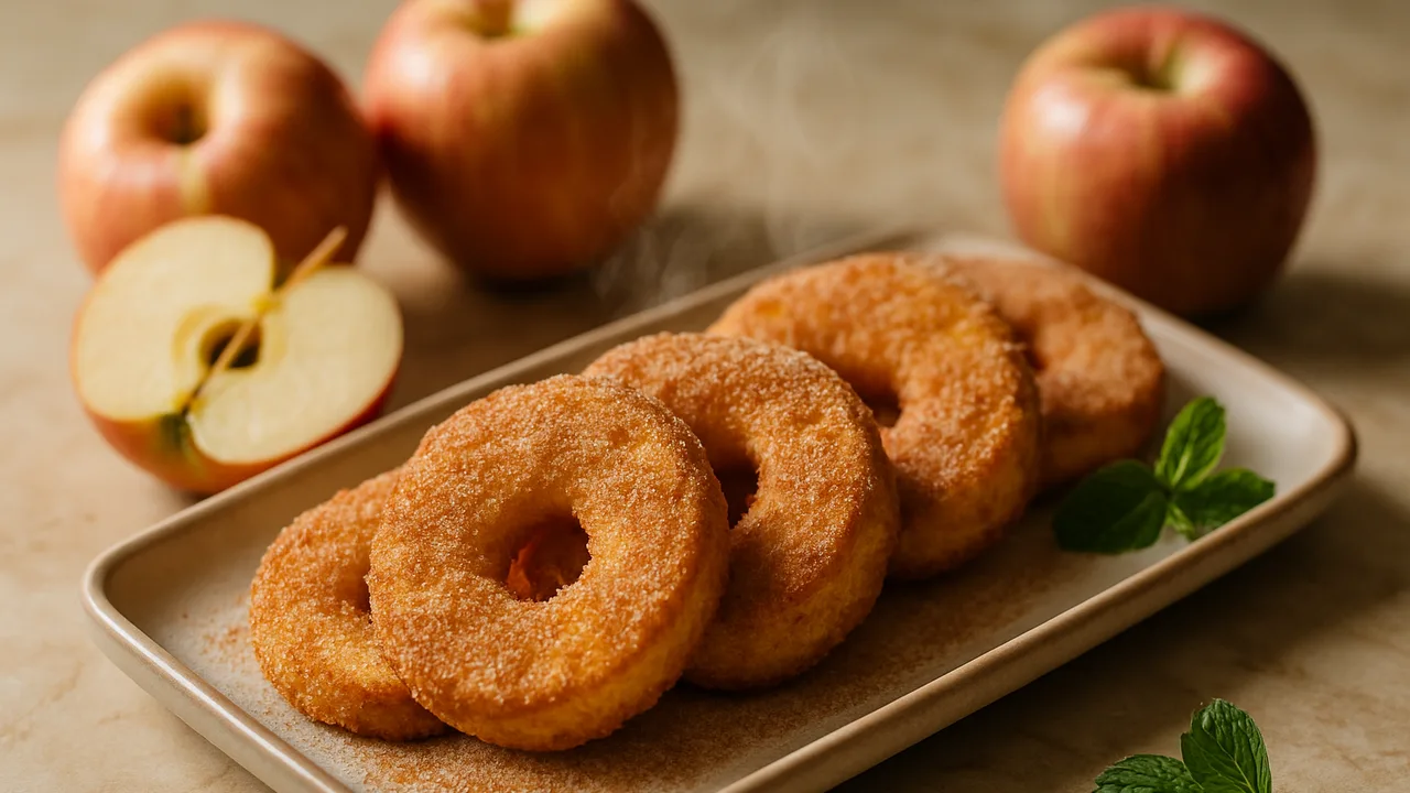 Gebackene Apfelringe mit Zimtzucker aus dem Airfryer mit Äpfel, auf beigem Marmor angerichtet.