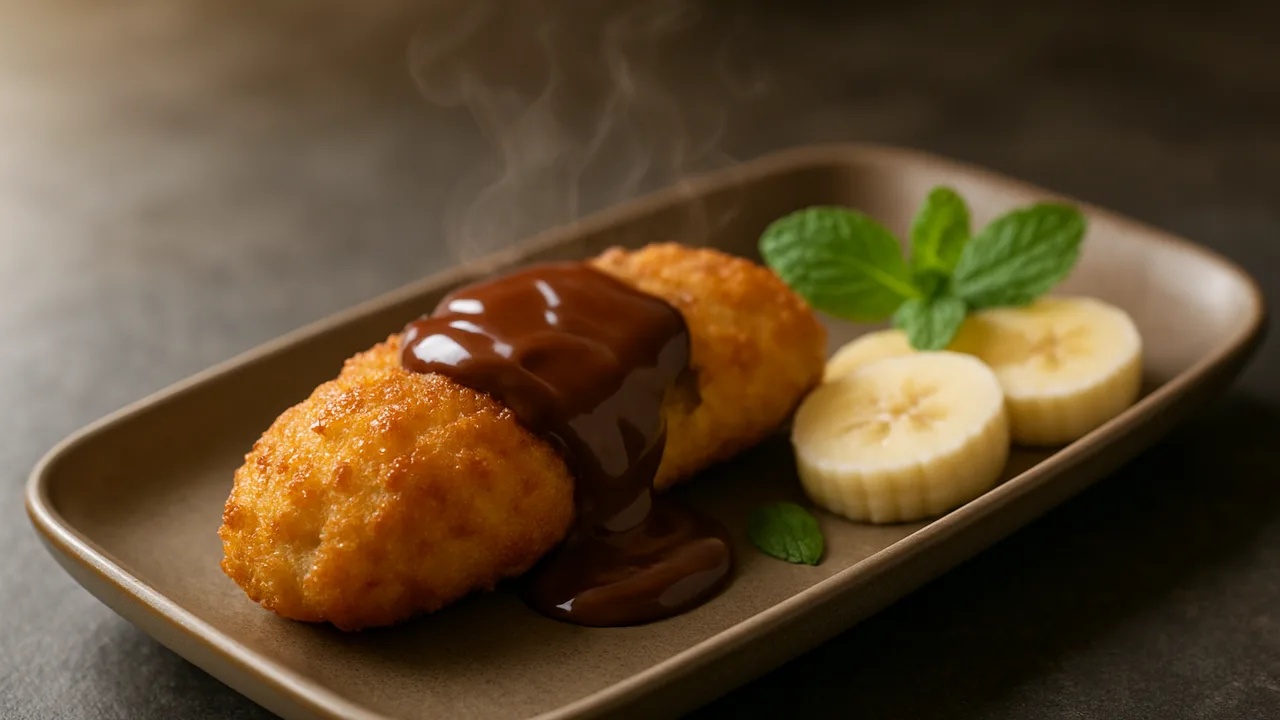 Gebackene Banane mit Schokolade aus dem Airfryer mit Banane, auf dunklem Schiefer angerichtet.