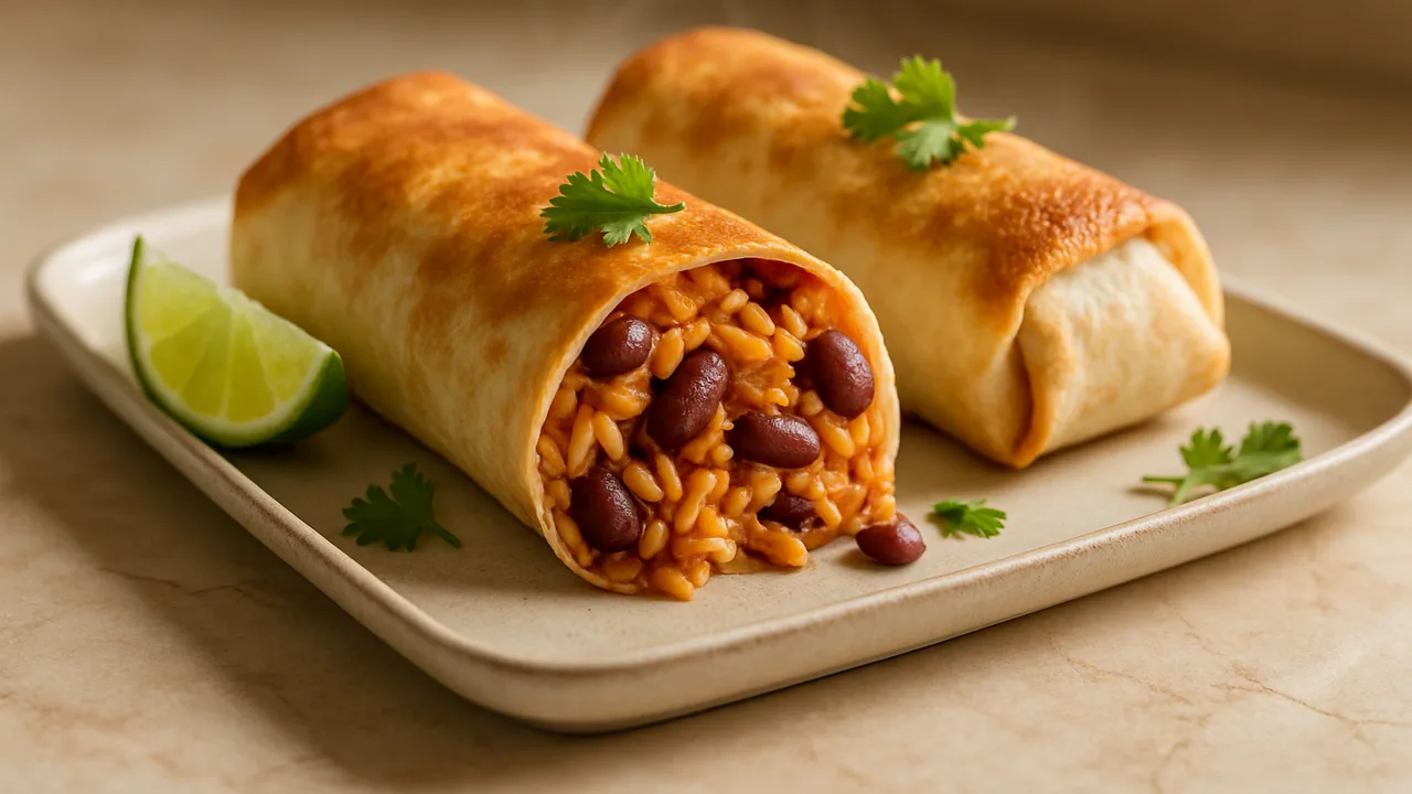Gebackene Burritos mit Reis und Bohnen aus dem Airfryer mit Weizentortillas und Reis, auf beigem Marmor angerichtet.