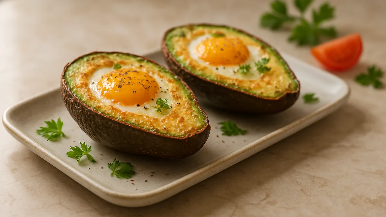 Gebackene Eier im Avocadoboot aus dem Airfryer mit Avocado und Eier, auf beigem Marmor angerichtet.
