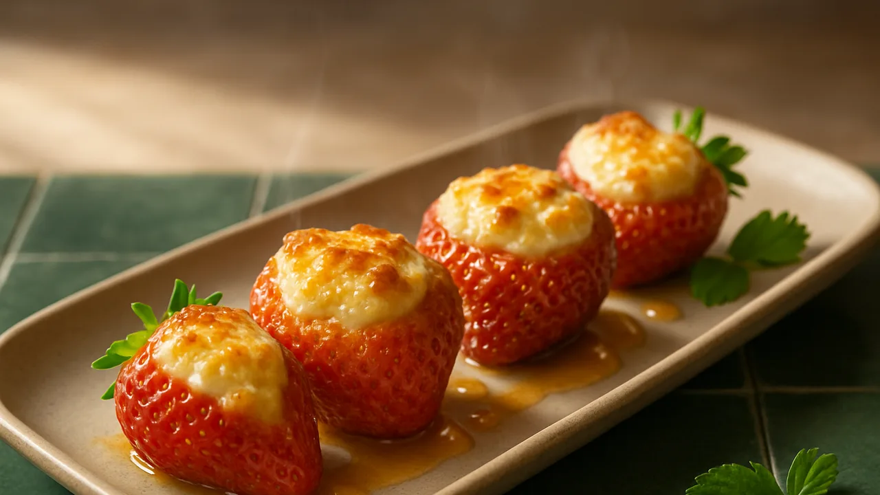 Gebackene Erdbeeren mit Frischkäse aus dem Airfryer mit Erdbeeren und Frischkäse, auf dunkelgrünen Fliesen angerichtet.