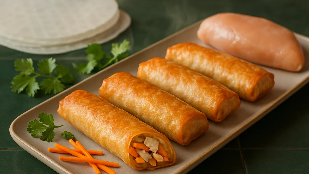 Gebackene Frühlingsrollen aus Reispapier mit Hähnchen aus dem Airfryer mit Reispapier-Blätter und Hähnchenbrust, auf …