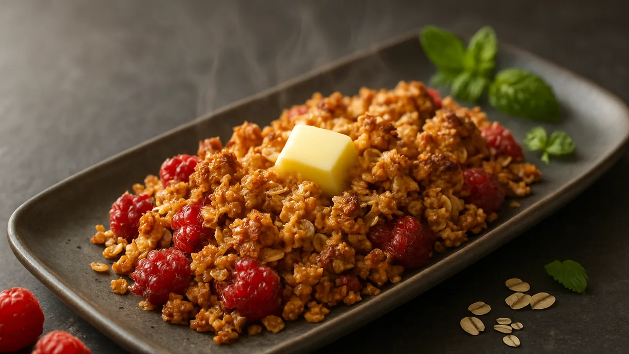 Gebackene Himbeeren mit Haferflocken aus dem Airfryer mit Himbeeren und Haferflocken, auf dunklem Schiefer angerichtet.