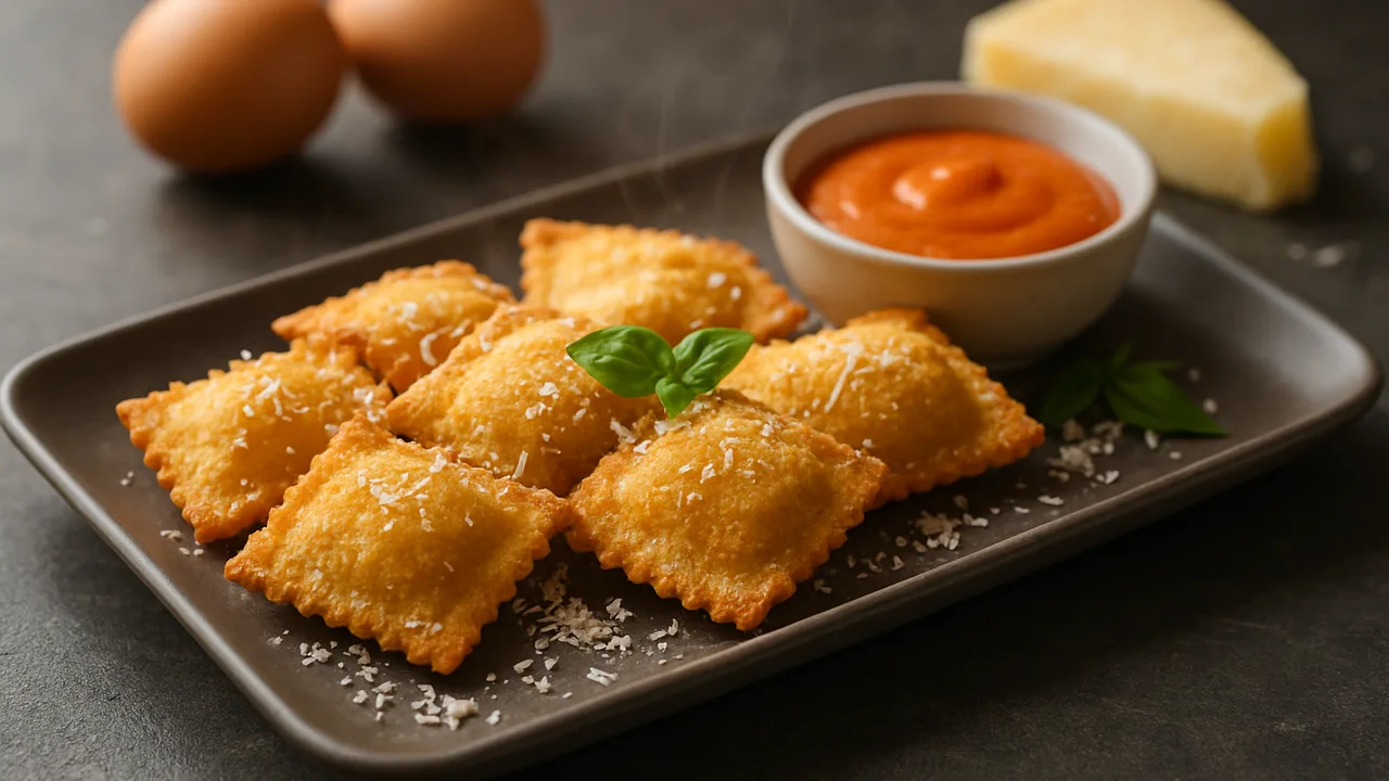 Gebackene Ravioli mit Parmesan und Dip aus dem Airfryer mit Ravioli und Eier, auf dunklem Schiefer angerichtet.