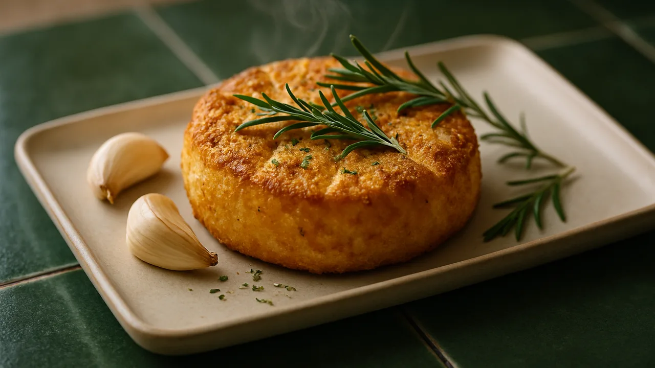 Gebackener Camembert im Airfryer – pur mit Kräutern mit Camembert und Knoblauchzehen, auf dunkelgrünen Fliesen angerichtet.