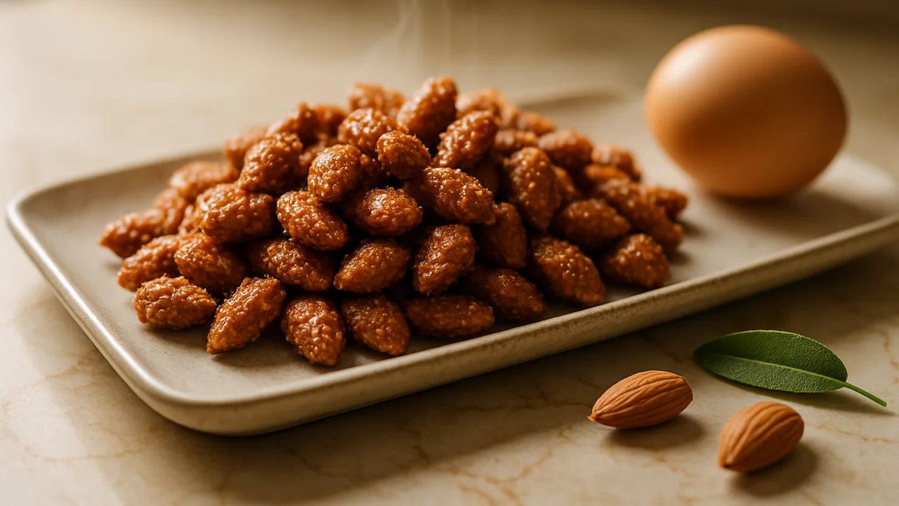 Gebrannte Mandeln im Airfryer mit Mandeln und Ei, auf beigem Marmor angerichtet.