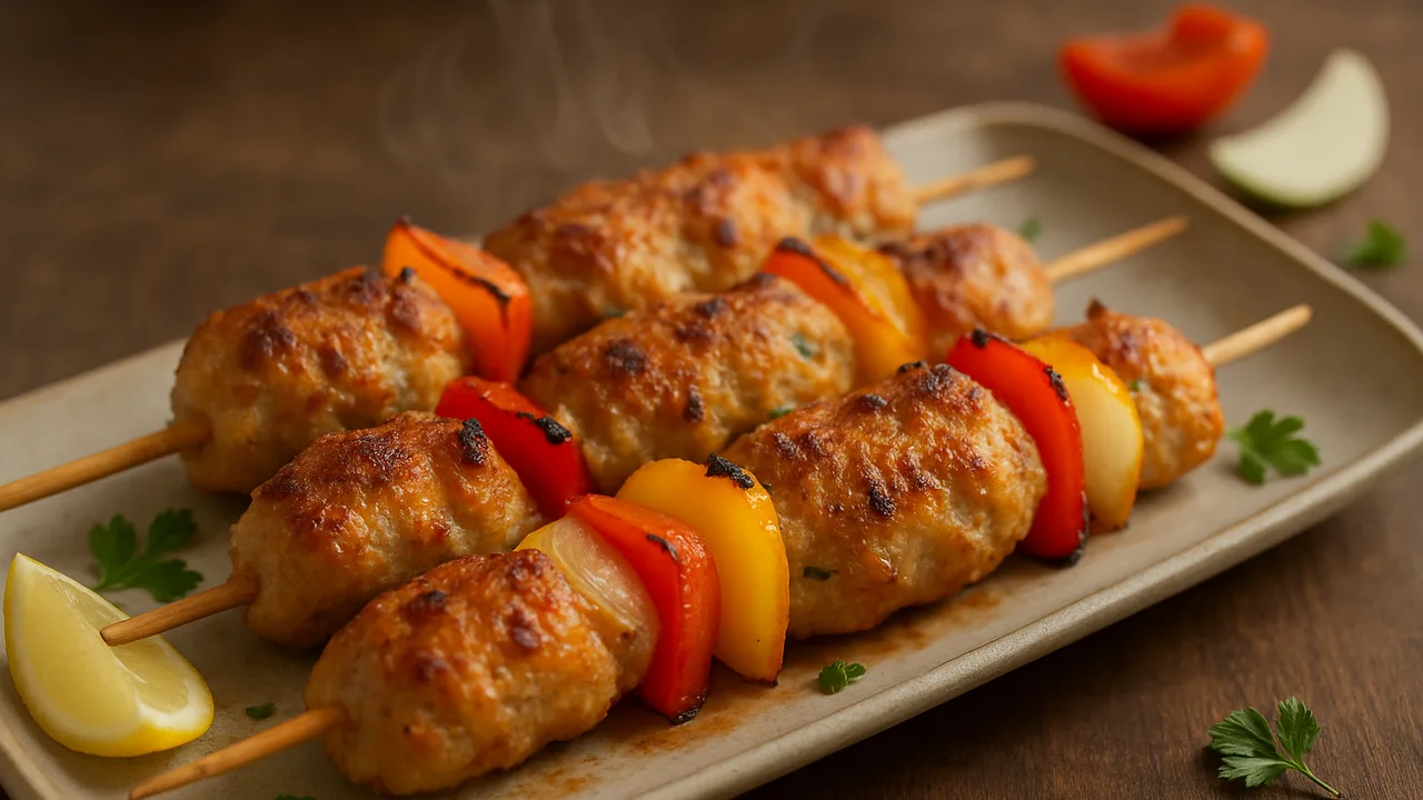 Geflügelhackfleisch-Spieße mit Paprika aus dem Airfryer mit gemischtes Geflügelhackfleisch (Huhn/Pute) und Paprika, auf …