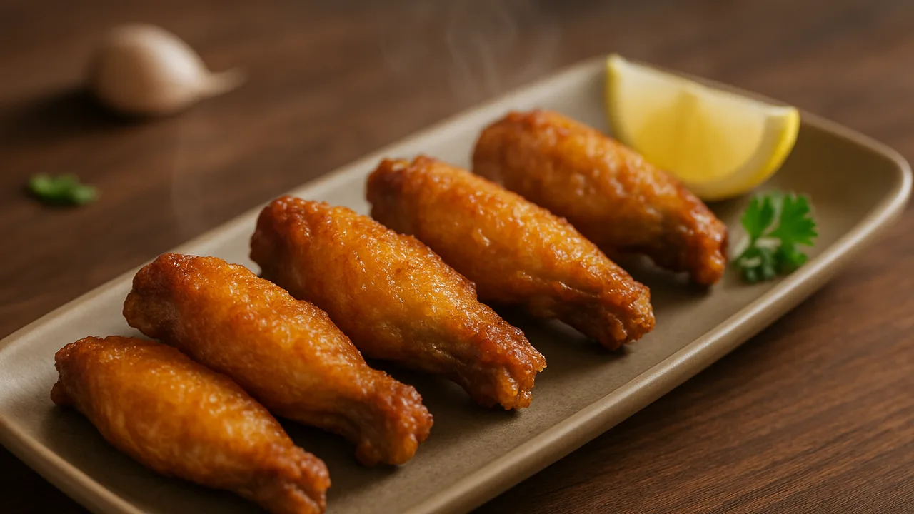 Gefrorene Chicken Wings direkt im Airfryer mit Hähnchenflügel (TK), auf dunklem Walnussholz angerichtet.