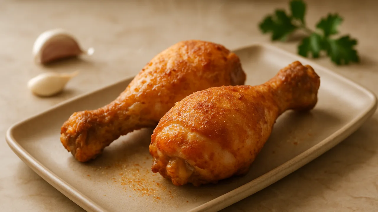 Gefrorene Hähnchenkeulen direkt garen aus dem Airfryer mit Hähnchenschenkel und Knoblauchpulver, auf beigem Marmor …
