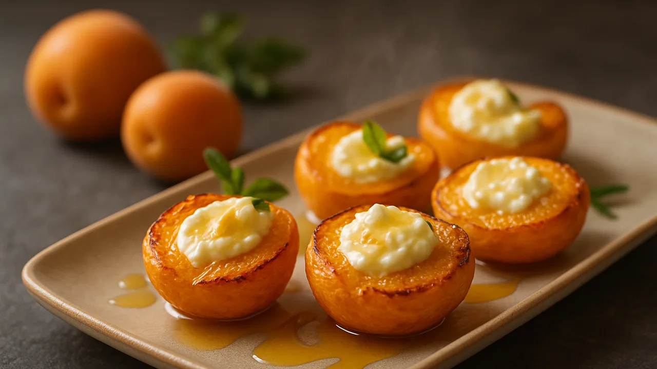 Gefüllte Aprikose mit Frischkäse aus dem Airfryer mit Aprikosen und Frischkäse, auf dunklem Schiefer angerichtet.