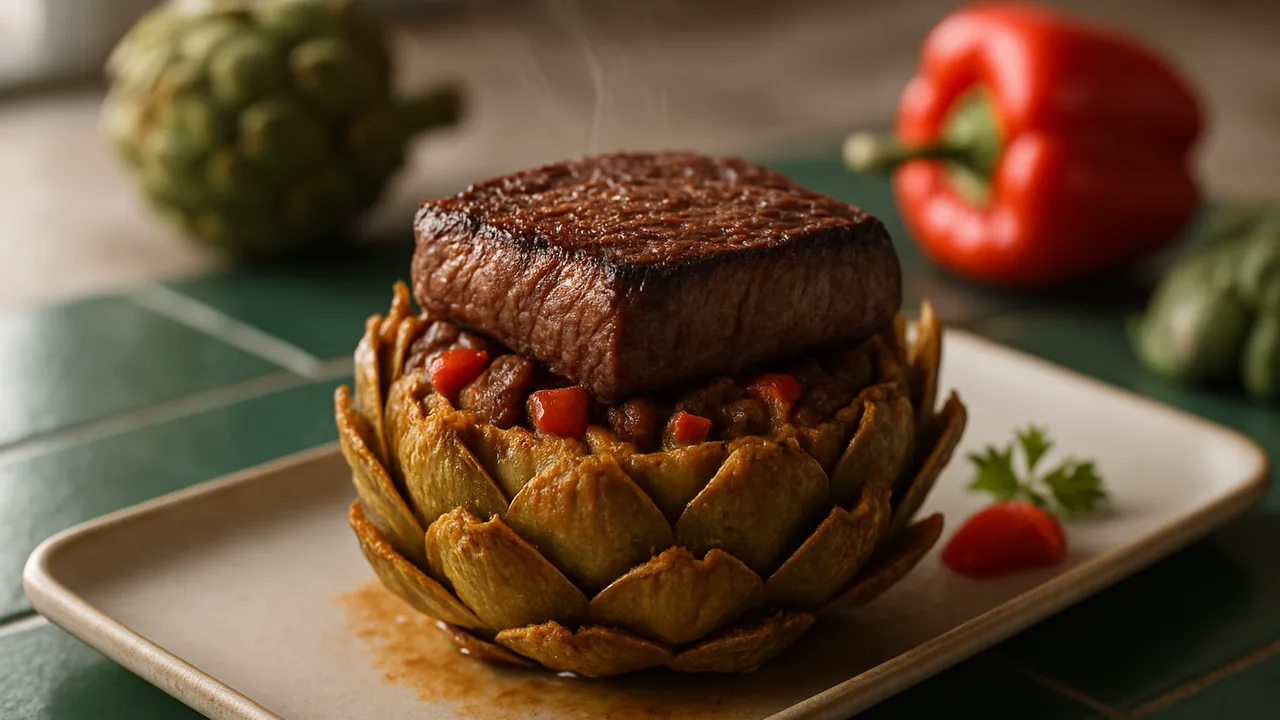 Gefüllte Artischocke mit Rumpsteak aus dem Airfryer mit Artischocken und Rumpsteak, auf dunkelgrünen Fliesen angerichtet.
