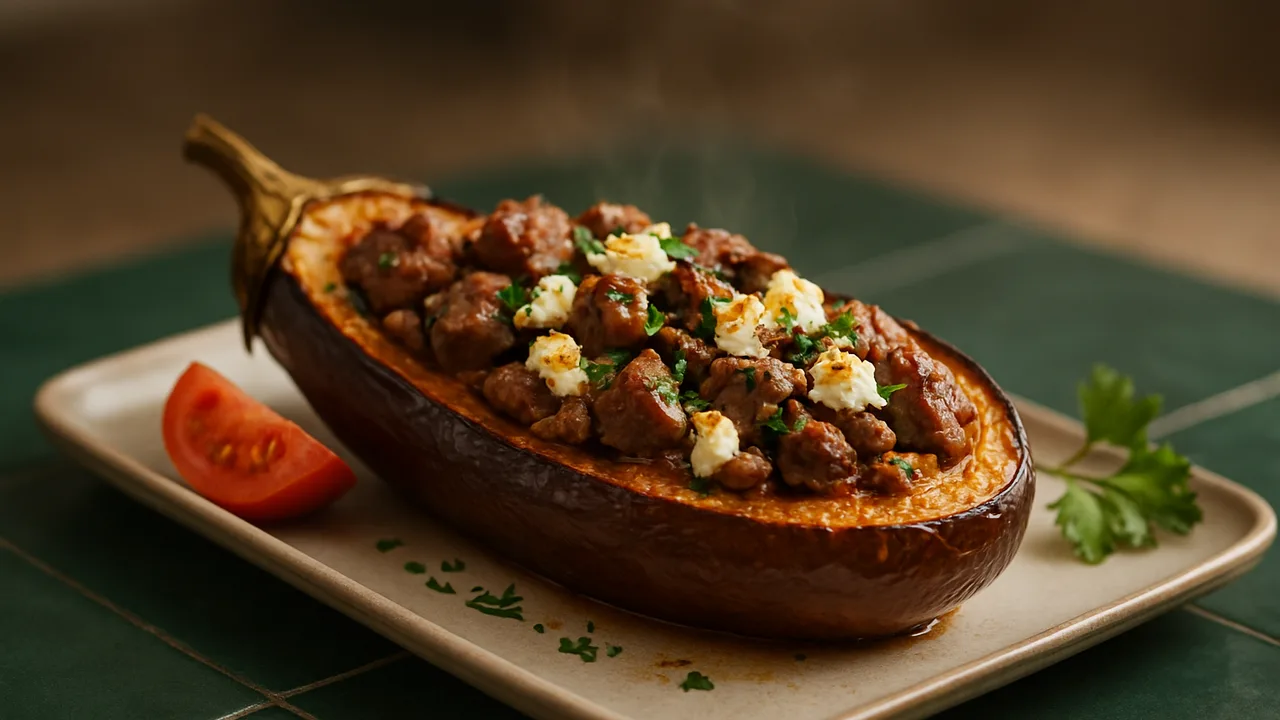 Gefüllte Aubergine mit Rinderfilet aus dem Airfryer mit Auberginen und Rinderfilet, auf dunkelgrünen Fliesen angerichtet.