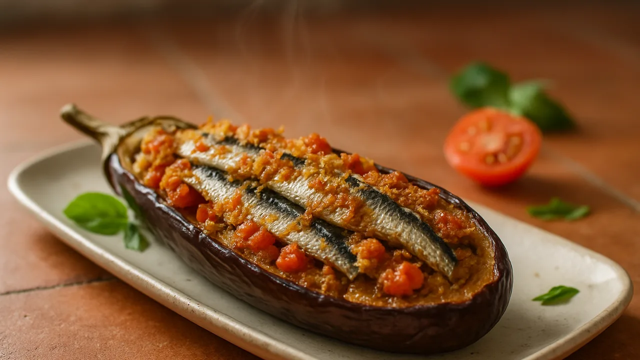 Gefüllte Aubergine mit Sardinen aus dem Airfryer mit Auberginen und Sardinen, auf Terracotta-Fliesen angerichtet.