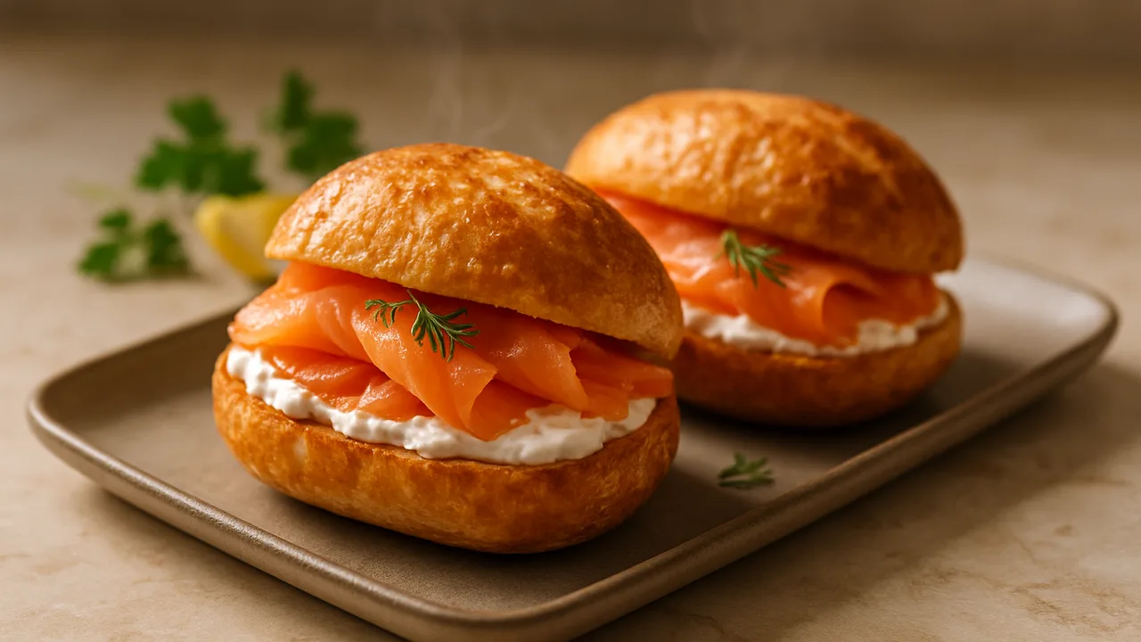 Gefüllte Brötchen mit Frischkäse und Räucherlachs aus dem Airfryer mit Brötchen und Frischkäse, auf beigem Marmor …