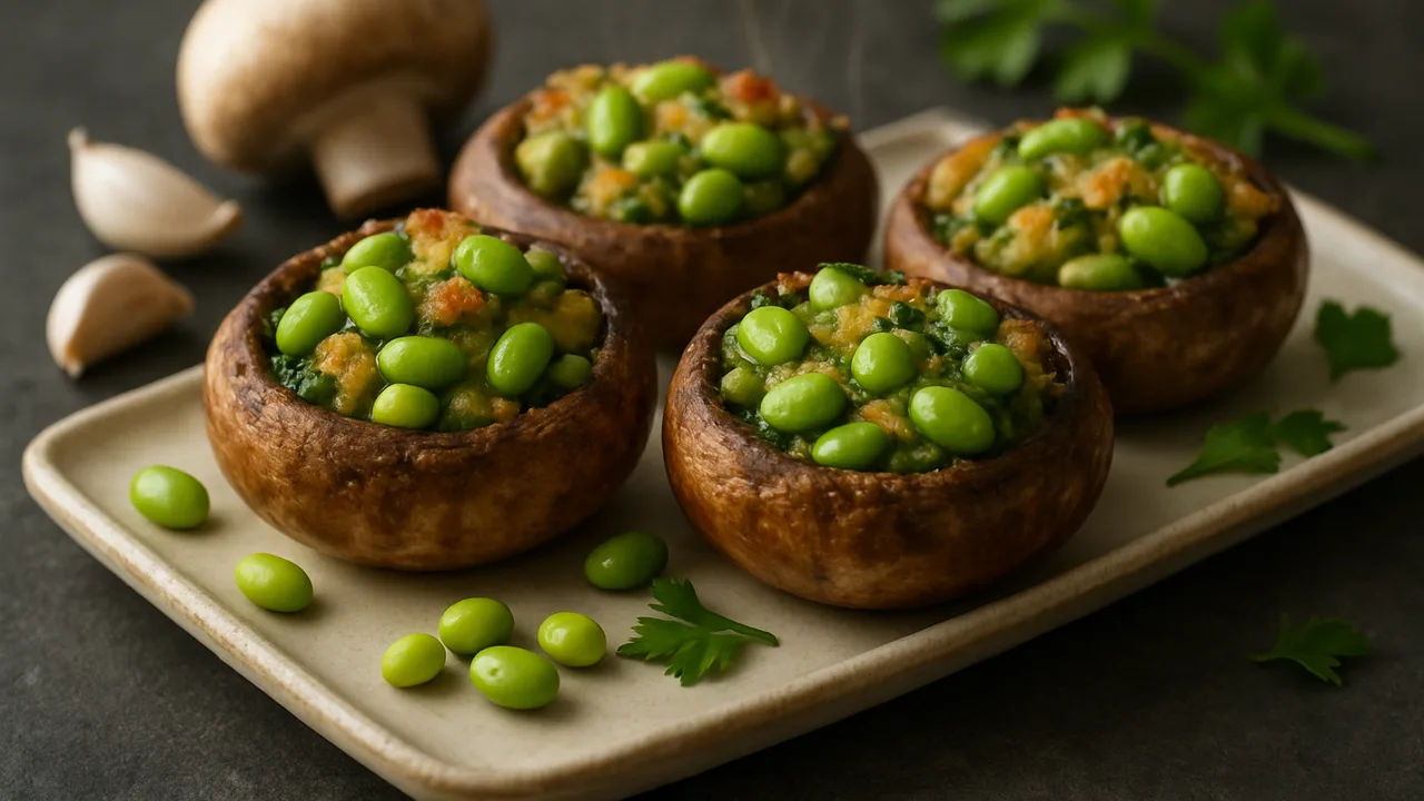 Champignons gefüllt mit Edamame und Kräutern aus dem Airfryer mit große Champignons und Edamame, gepult, auf dunklem …