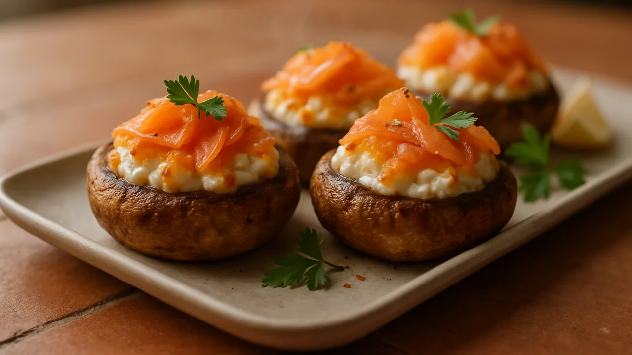 Gefüllte Champignons mit Lachs aus dem Airfryer mit große Champignons und Räucherlachs, auf Terracotta-Fliesen angerichtet.