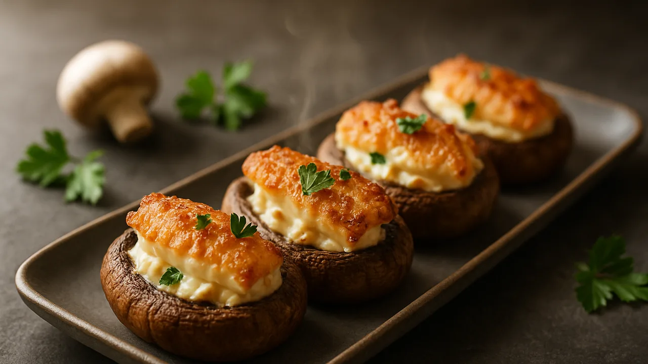 Gefüllte Champignons mit Rotbarsch aus dem Airfryer mit große Champignons und Rotbarschfilet, auf dunklem Schiefer …
