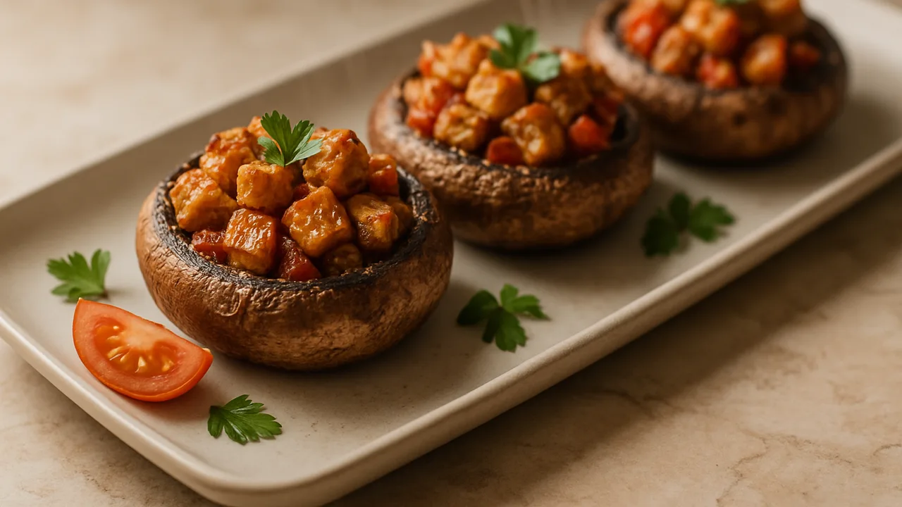 Gefüllte Champignons mit Tempeh aus dem Airfryer mit große Champignons und Tempeh, auf beigem Marmor angerichtet.