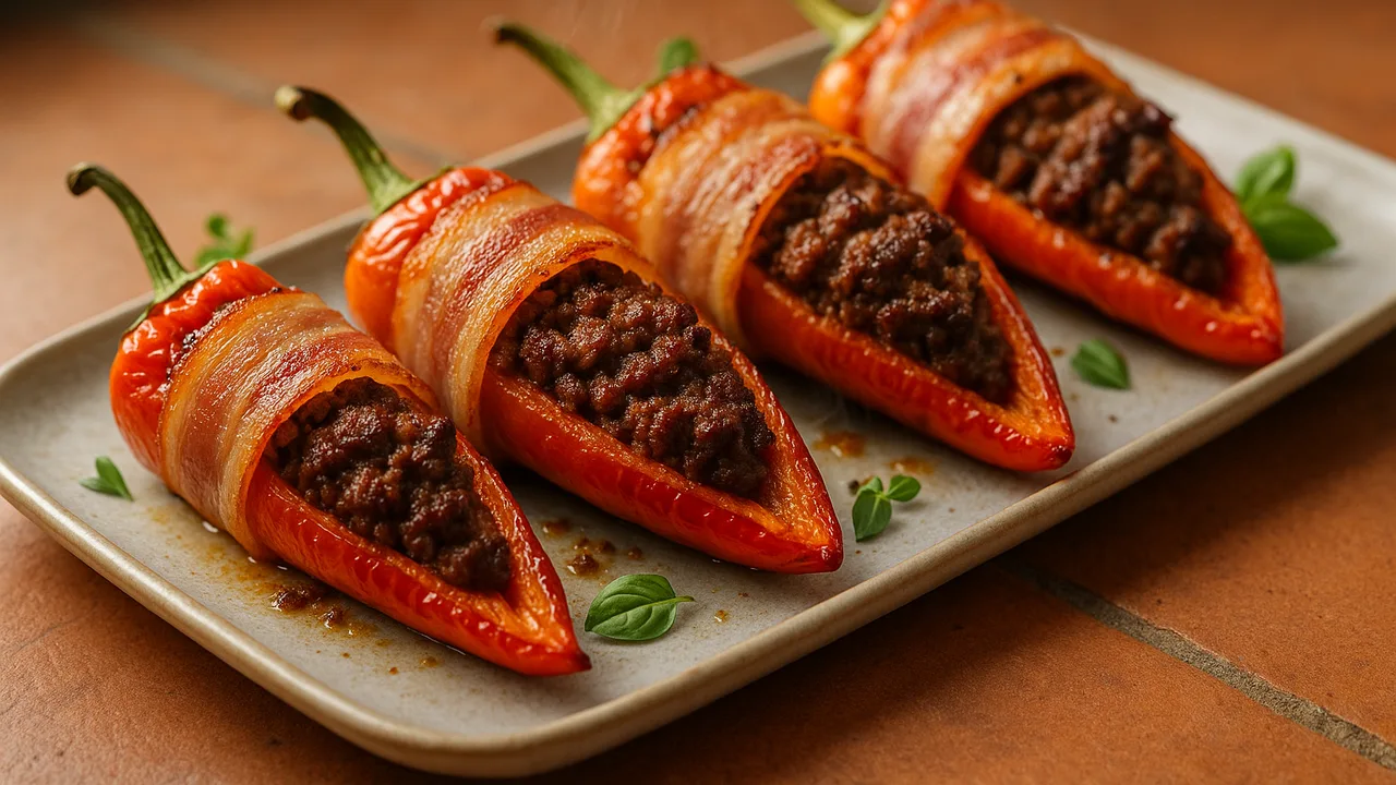 Gefüllte Chili mit Speck aus dem Airfryer mit große Chilischoten und Rinderhackfleisch, auf Terracotta-Fliesen angerichtet.