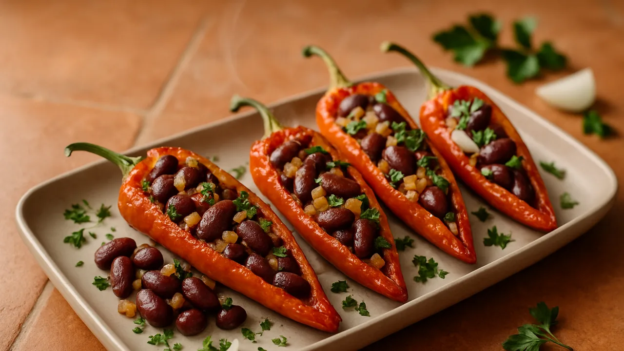 Gefüllte Chilis mit Kidneybohnen und Kräutern aus dem Airfryer mit große Chilis und Kidneybohnen, auf Terracotta-Fliesen …